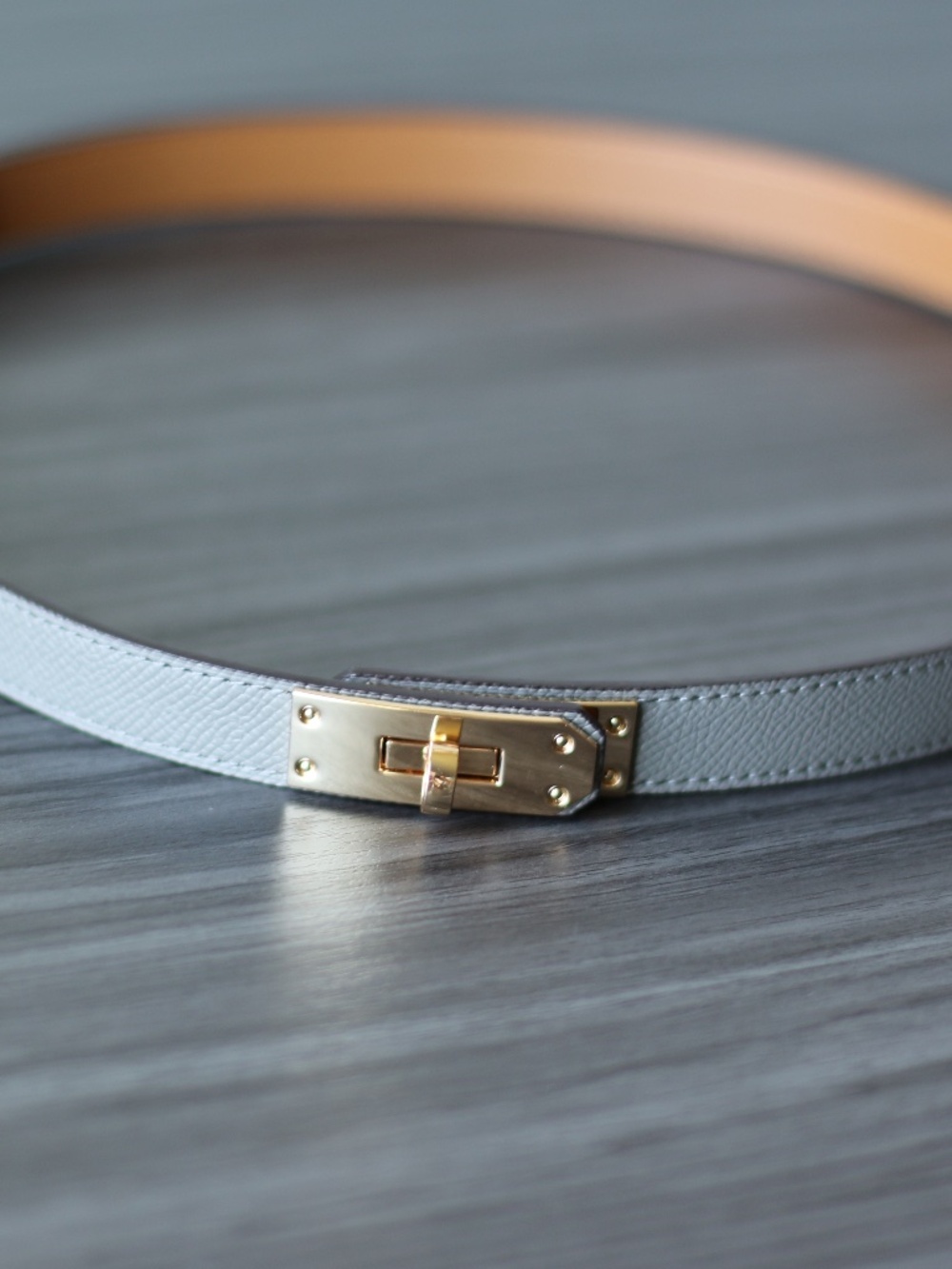 Vera Pelle Gray Leather Belt with Gold Tone Buckle